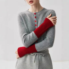 Crew Neck Contrast Cuff Button-Up Cardigan
