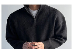 Stand Collar Plain Ribbed Half Zip Sweater