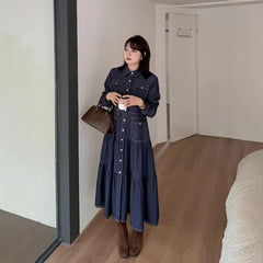 [XL-4XL] Long-Sleeve Collared Contrast Stitched Button-Up Denim Midi A-Line Dress