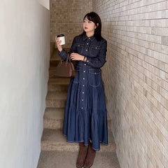 [XL-4XL] Long-Sleeve Collared Contrast Stitched Button-Up Denim Midi A-Line Dress