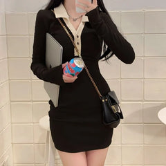Long-Sleeve V-Neck Contrast Collar Mini Sheath Dress