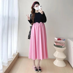 Maternity Long-Sleeve Two Tone Midi A-Line Dress