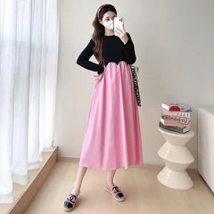 Maternity Long-Sleeve Two Tone Midi A-Line Dress
