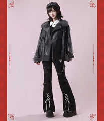 Mid Rise Buckled Lace-Up Flared Pants
