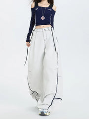 Low Rise Contrast Trim Wide Leg Barrel Jeans (Various Designs)