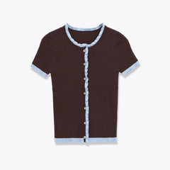 Short Sleeve Color-Block Ruffled-Trim Button-Up Slim-Fit Knit Top