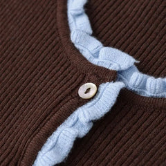 Short Sleeve Color-Block Ruffled-Trim Button-Up Slim-Fit Knit Top