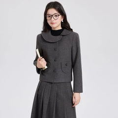 Asymmetrical Collar Plain Jacket / Midi A-Line Pleated Skirt / Set