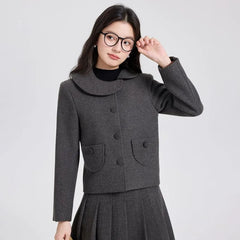 Asymmetrical Collar Plain Jacket / Midi A-Line Pleated Skirt / Set