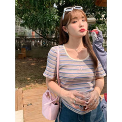 Short Sleeve Round Neck Striped Side-Drawstring Crop T-Shirt