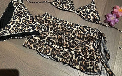 Set: Halter Leopard Print Bikini Top + Bottom + Tiered Cover Up Skirt