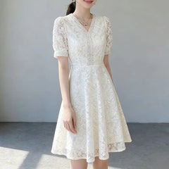 Puff-Sleeve V-Neck Midi A-Line Lace Dress