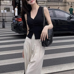 V-Neck Plain Ribbed Knit Tank Top
