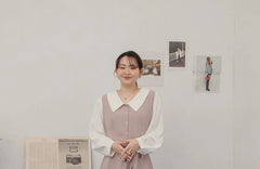 [L - 3XL] Mock Two-Piece Peter Pan Collar Long Sleeve A-Line Mini Dress