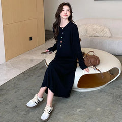 Maternity Long-Sleeve Collared Half-Buttoned Plain Midi Shift Knit Dress