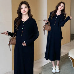 Maternity Long-Sleeve Collared Half-Buttoned Plain Midi Shift Knit Dress