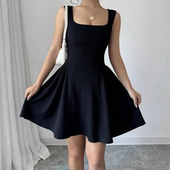 Sleeveless Square Neck Plain A-Line Dress