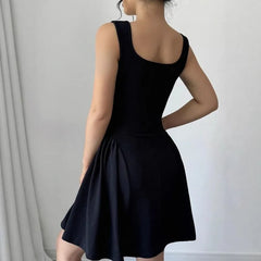 Sleeveless Square Neck Plain A-Line Dress