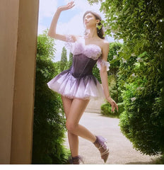 Strapless Plain Ruffle Trim Corset Top / Mid Rise Gradient Mini A-Line Skirt