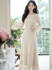Long-Sleeve Round Neck Plain Lace Maxi A-Line Dress