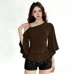 3/4-Sleeve Cold Shoulder Plain Ruched Slim Fit T-Shirt