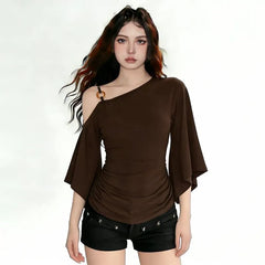3/4-Sleeve Cold Shoulder Plain Ruched Slim Fit T-Shirt