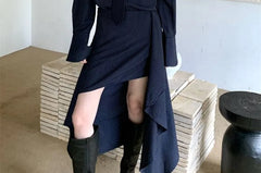 Long Sleeve Collared Pinstriped Shirt / Necktie / Low Rise High-Low Mini Pencil Skirt / Set