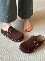 Platform Studded Buckled Faux Suede Mules