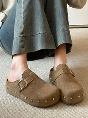 Platform Studded Buckled Faux Suede Mules