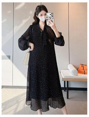 Maternity Long-Sleeve Tie-Neck Polka Dot Loose Fit Midi Dress