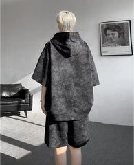 Set: 3/4-Sleeve Tie Dye Grommet Half-Zip Hoodie + Elastic Waist Wide Leg Sweat Shorts
