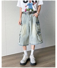 Mid Waist Washed Wide Leg Cargo Jorts