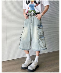 Mid Waist Washed Wide Leg Cargo Jorts