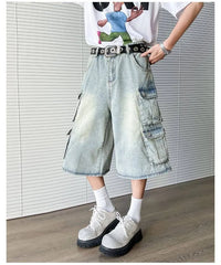 Mid Waist Washed Wide Leg Cargo Jorts