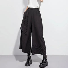 Mid Waist Lace Panel Crop Wide Leg Pants