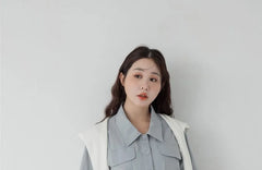 [L - 3XL] Plain Collared Button-Up Short-Sleeve Crop Shirt