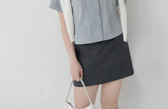[L - 3XL] Plain Collared Button-Up Short-Sleeve Crop Shirt