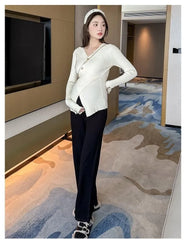 Maternity Long-Sleeve V-Neck Plain Ribbed Knit Top