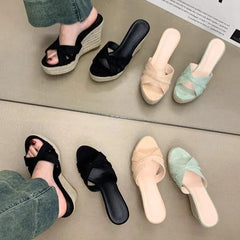 Platform Wedge Faux Leather Slide Sandals