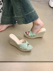 Platform Wedge Faux Leather Slide Sandals