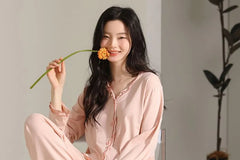 Pajama Set: Long-Sleeve Frill Trim Plain Top + Pants