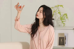 Pajama Set: Long-Sleeve Frill Trim Plain Top + Pants