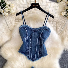Set: Denim Corset Top + High Waist Bootcut Jeans