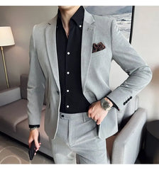Set: Lapel Collar Plain Blazer + Tapered Dress Pants