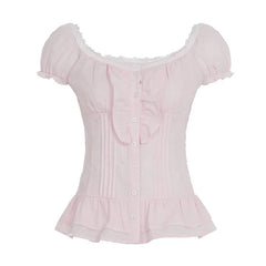 Puff Sleeve Scoop Neck Lace-Trim Ruffled Slim-Fit Blouse