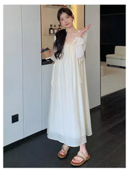Maternity Plain Crop Cardigan / Spaghetti Strap Maxi A-Line Dress