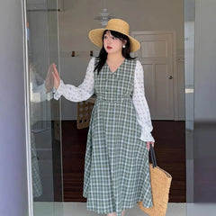 [XL-4XL] Long Sleeve V-Neck Plaid Panel Double Breasted Midi A-Line Dress