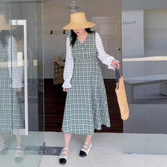 [XL-4XL] Long Sleeve V-Neck Plaid Panel Double Breasted Midi A-Line Dress