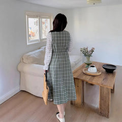 [XL-4XL] Long Sleeve V-Neck Plaid Panel Double Breasted Midi A-Line Dress