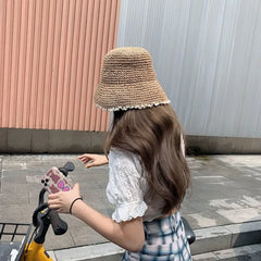 Lace Trim Straw Bucket Hat